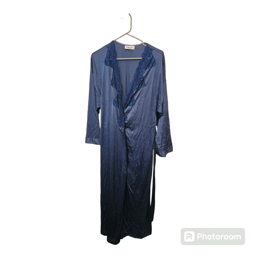 Vanity Fair robe full length Navy vintage Large lace trim